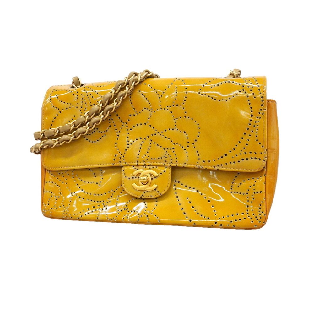 Chanel Shoulder Bag, Double Chain, Perforated Patent Leather, Yellow, Women's